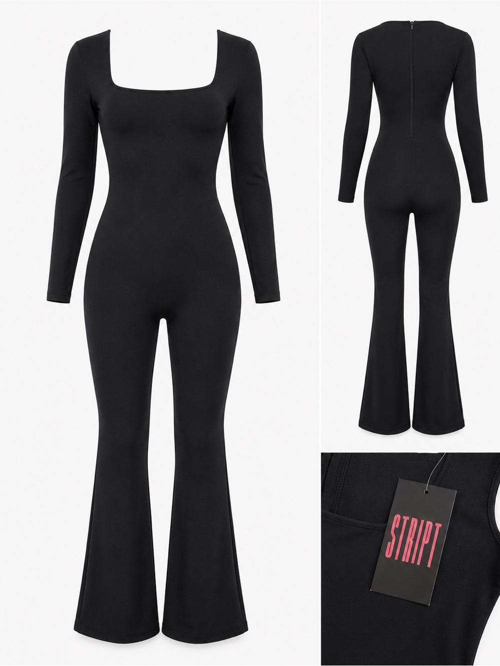 Black Long-Sleeve Square-Neck Jumpsuit